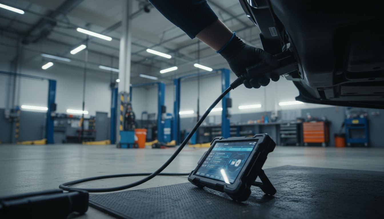 Technician connecting diagnostic tool