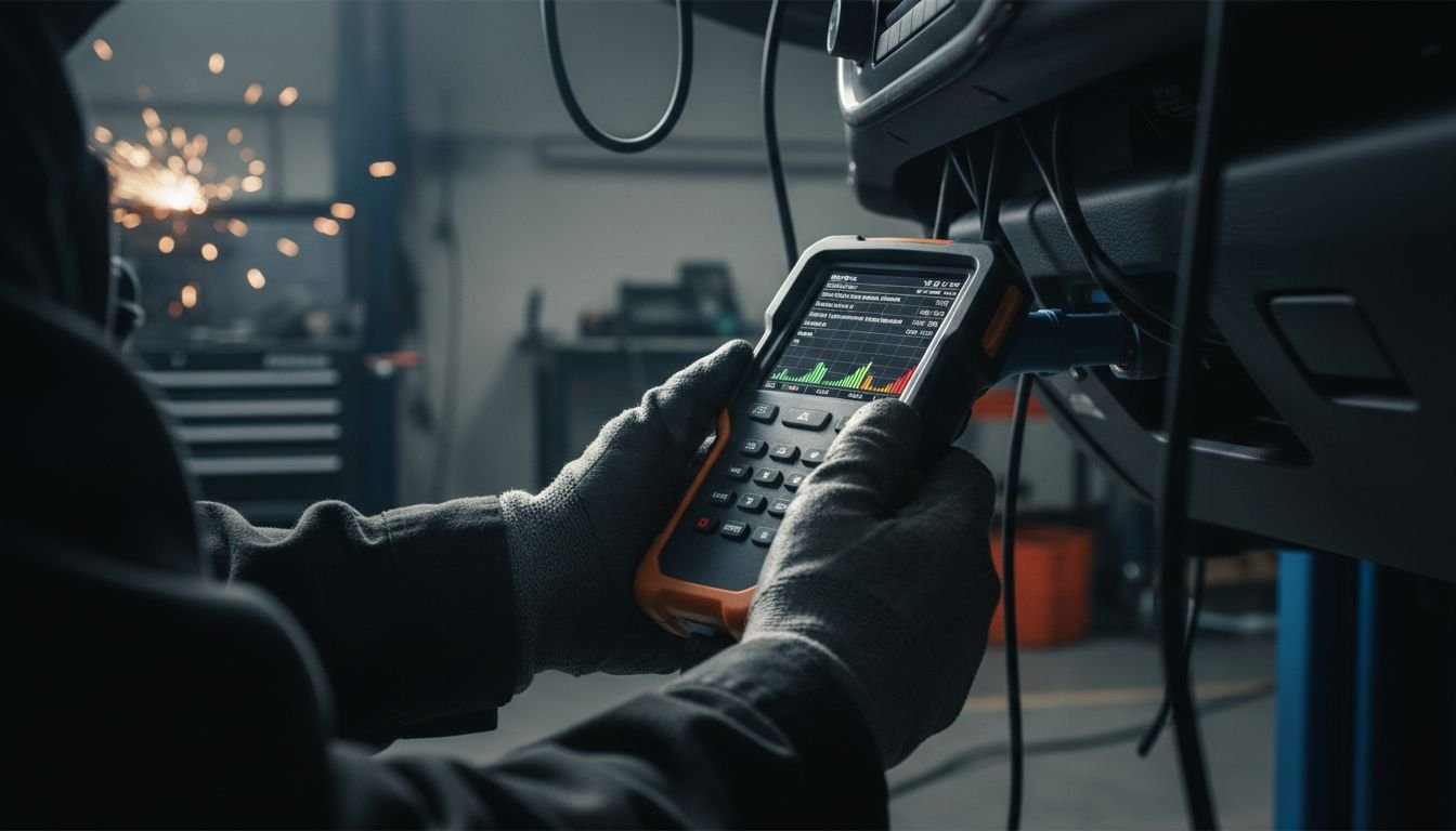 Technician scanning vehicle diagnostics