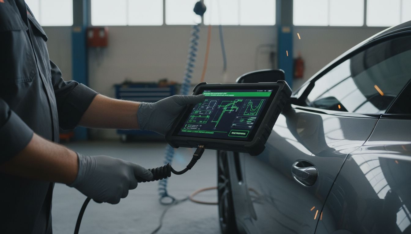 Technician diagnosing car system
