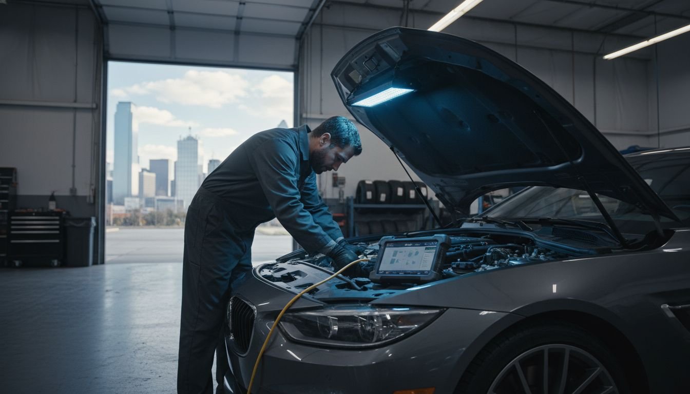 Technician diagnosing car engine