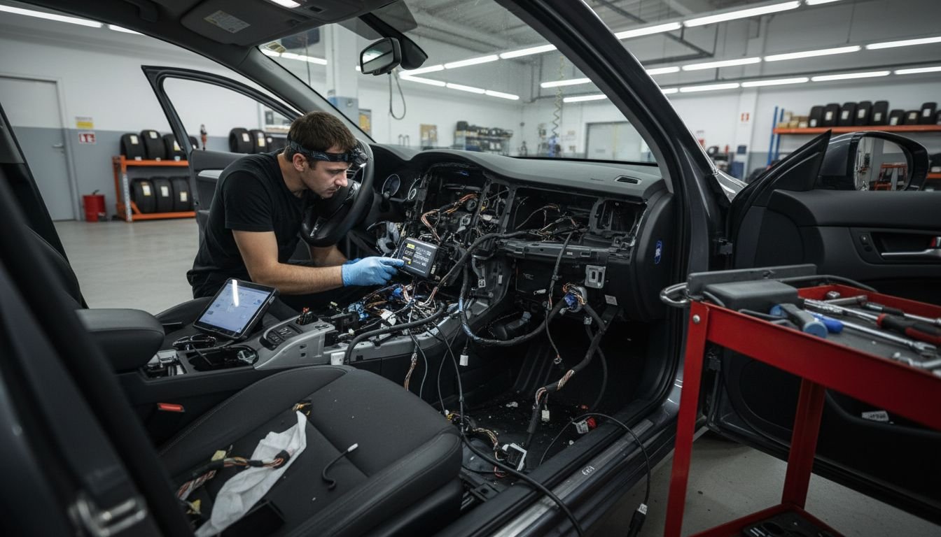 Technician repairs car interior