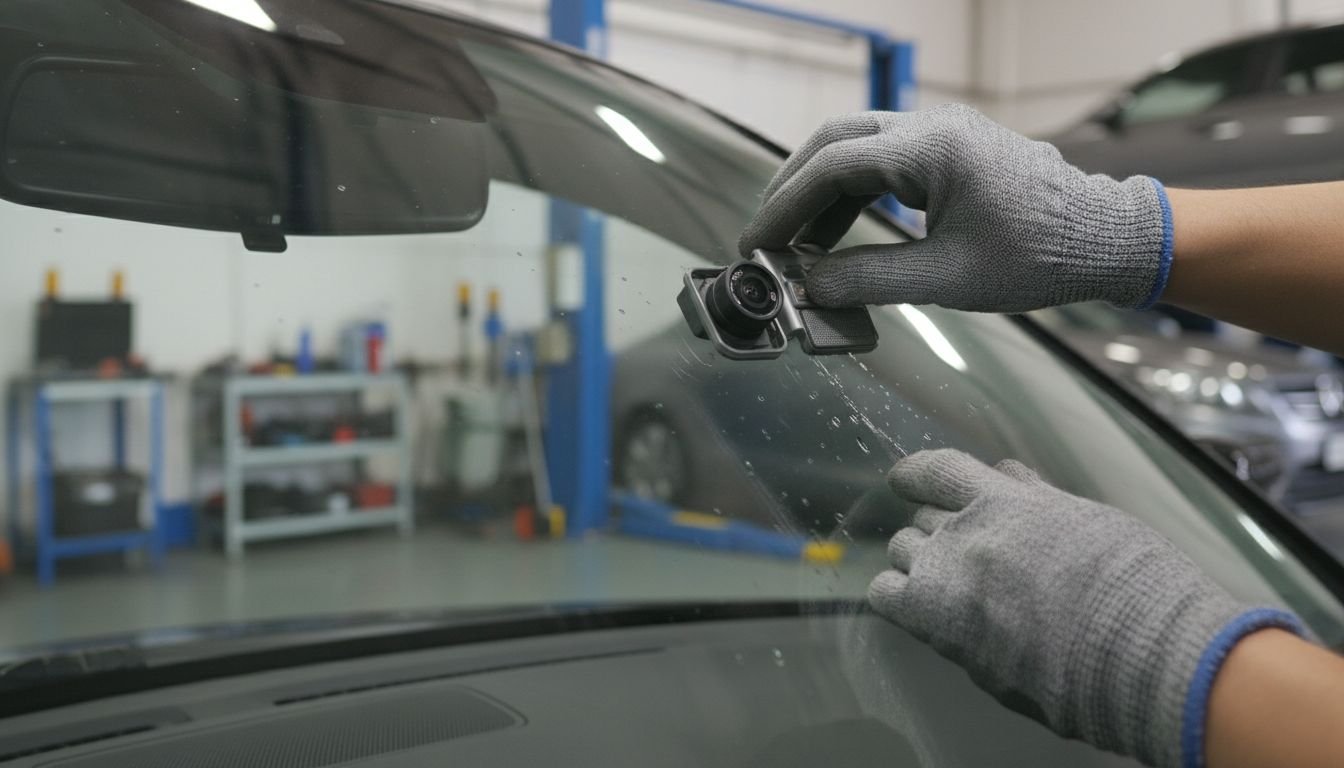 Technician adjusts windshield camera