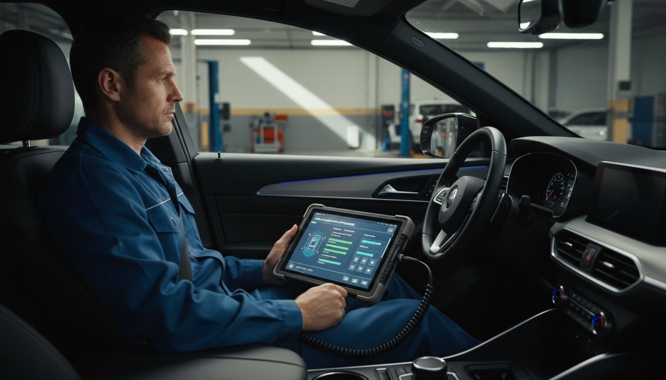 Technician calibrates ADAS system