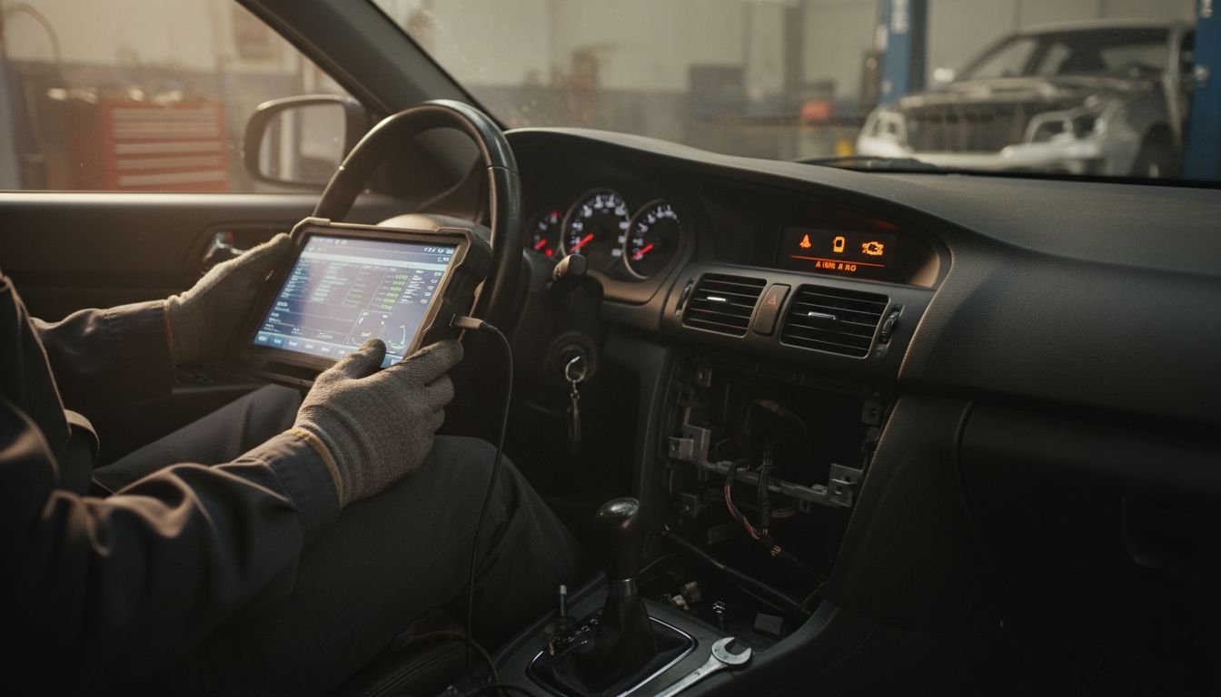 Technician scans car diagnostics