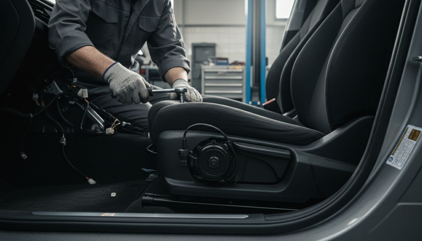 Technician removes car seat