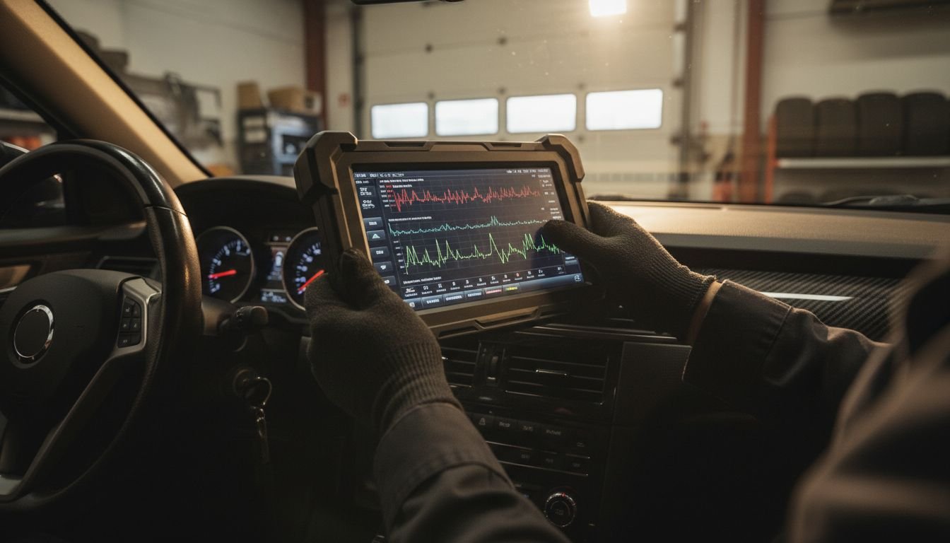 Technician analyzing car data