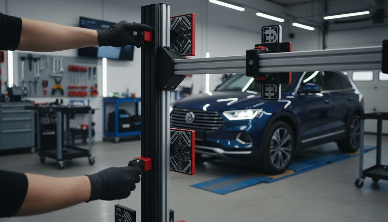 Technician calibrates ADAS frame
