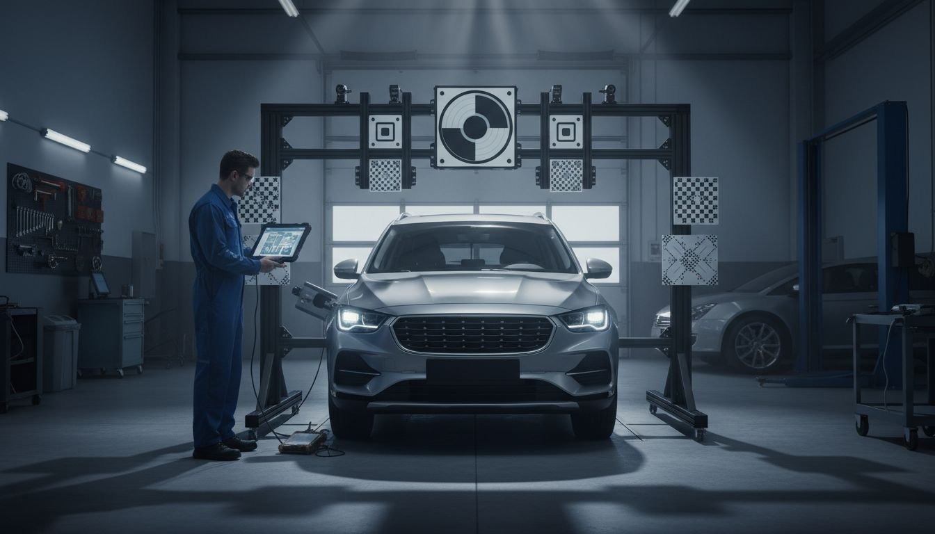 Technician calibrates ADAS system