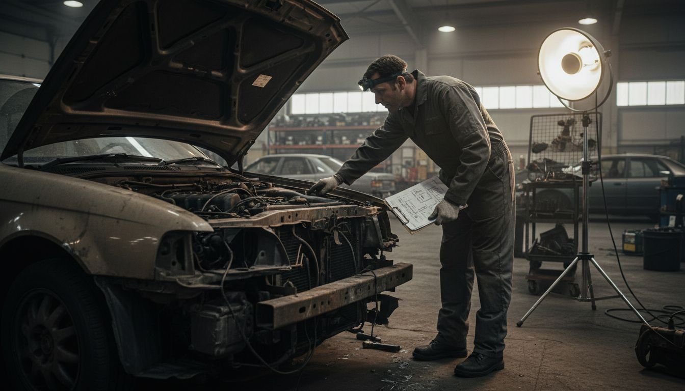 Technician inspects salvaged sedan