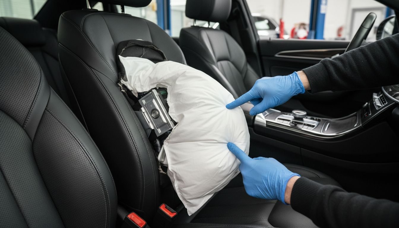 Technician examines deployed airbag