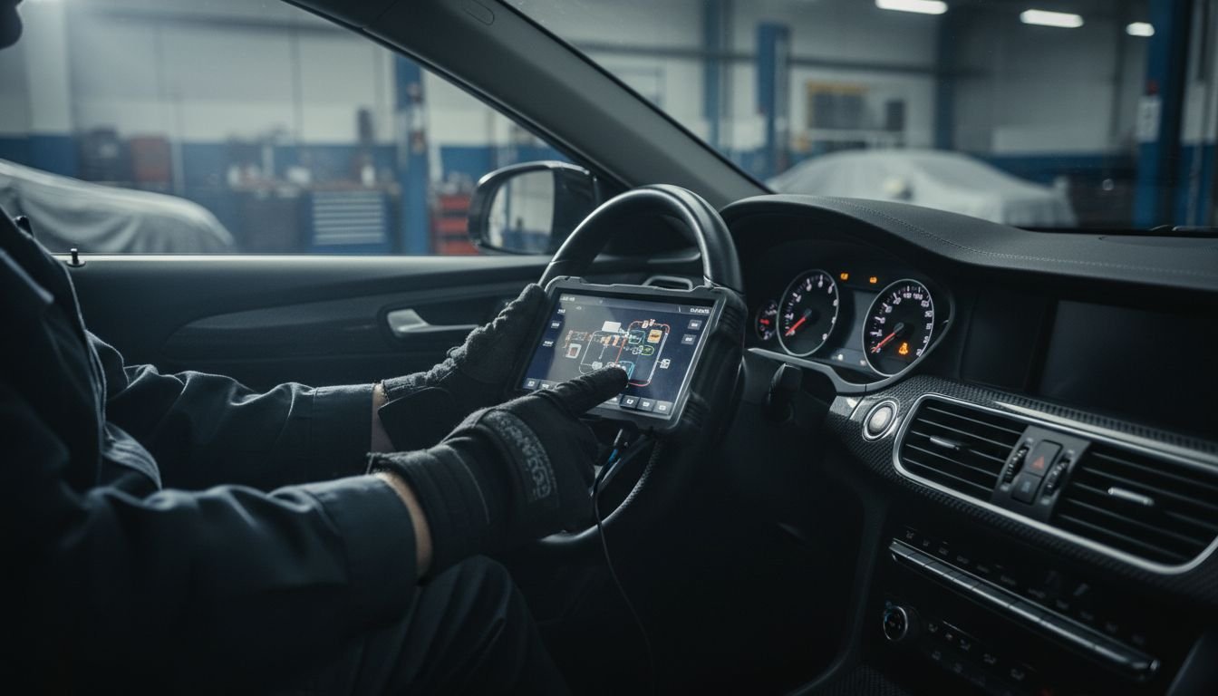 Technician scans car dashboard