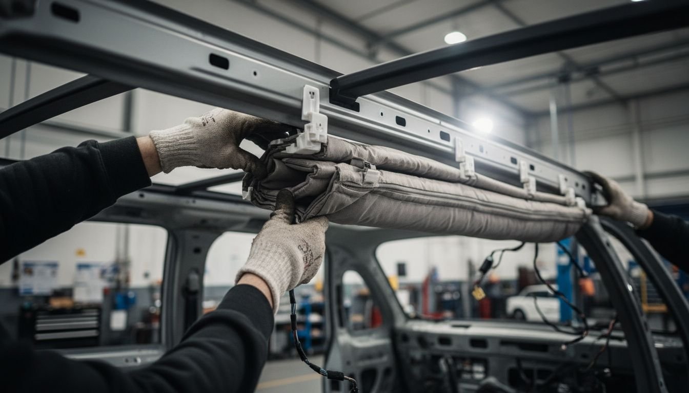Technician installs curtain airbag