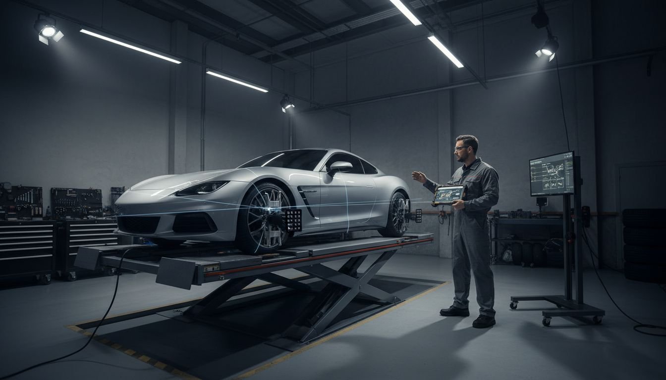 Technician scans car alignment