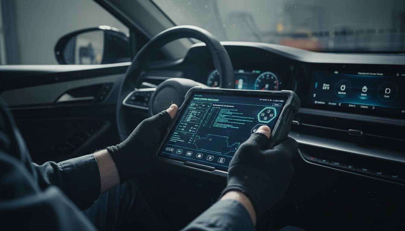 Technician using car scanner