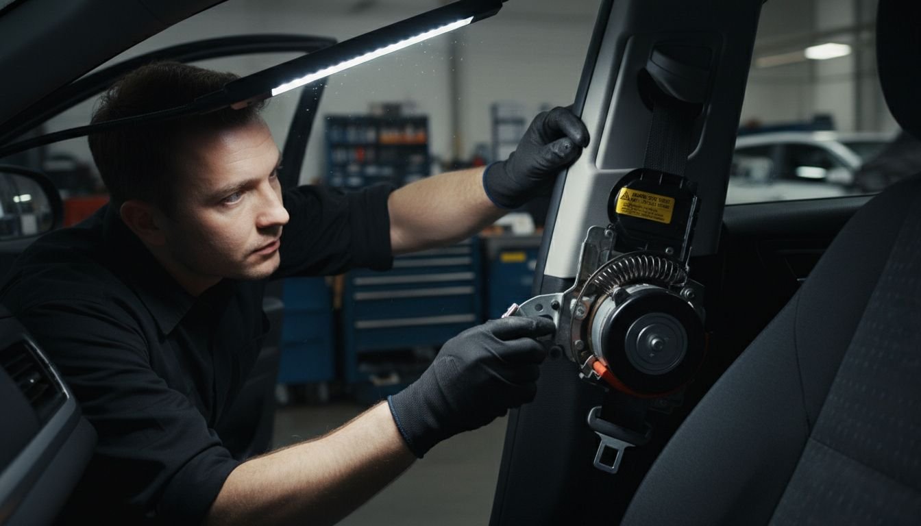 Technician inspects seat belt