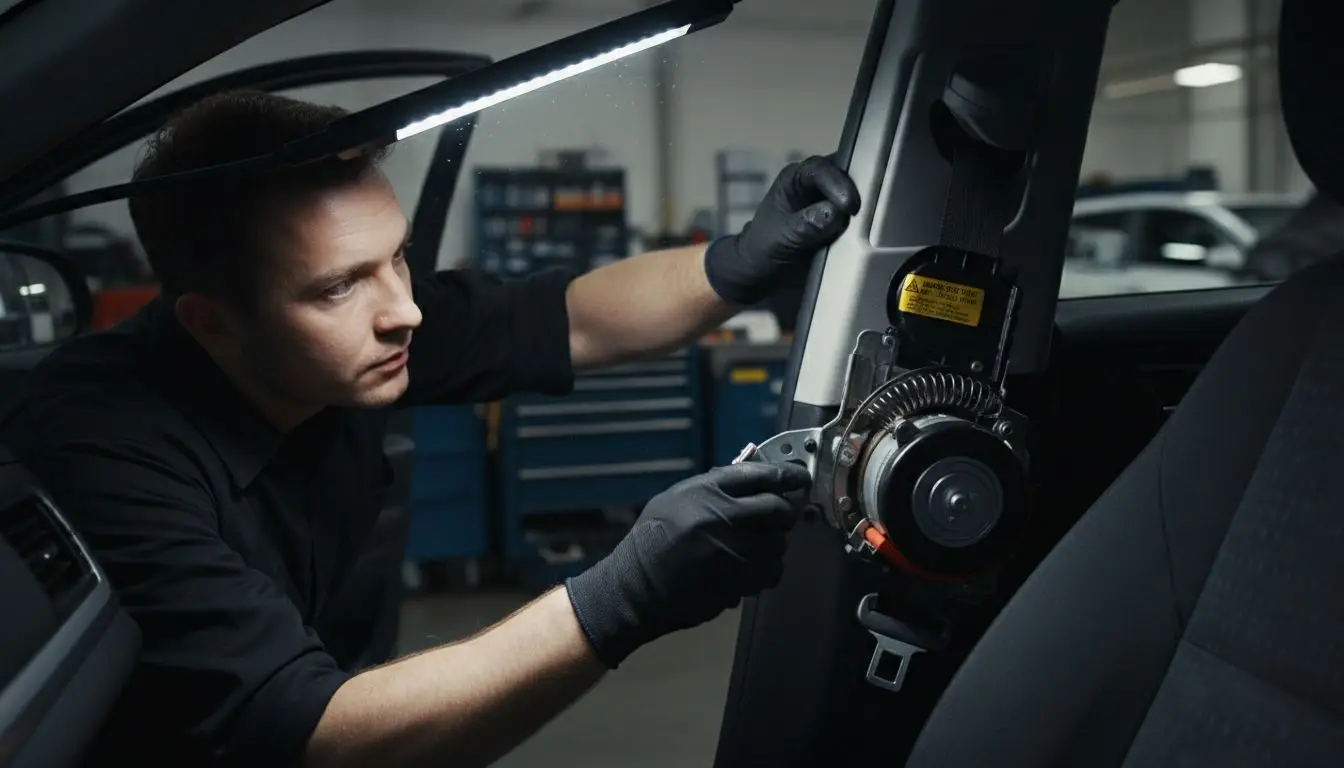 Technician inspects seat belt