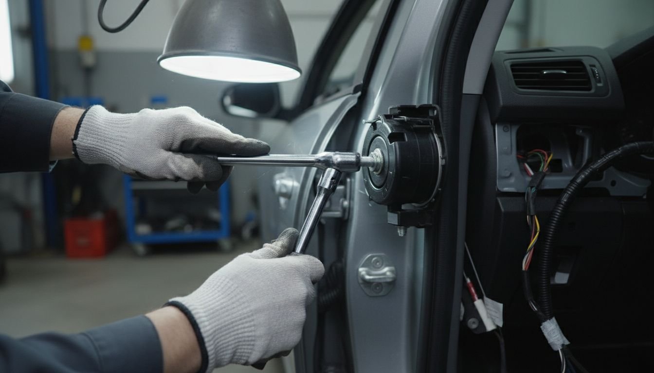 Technician installs seat belt