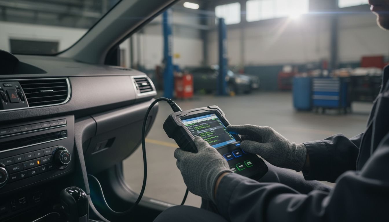 Technician scans car diagnostics