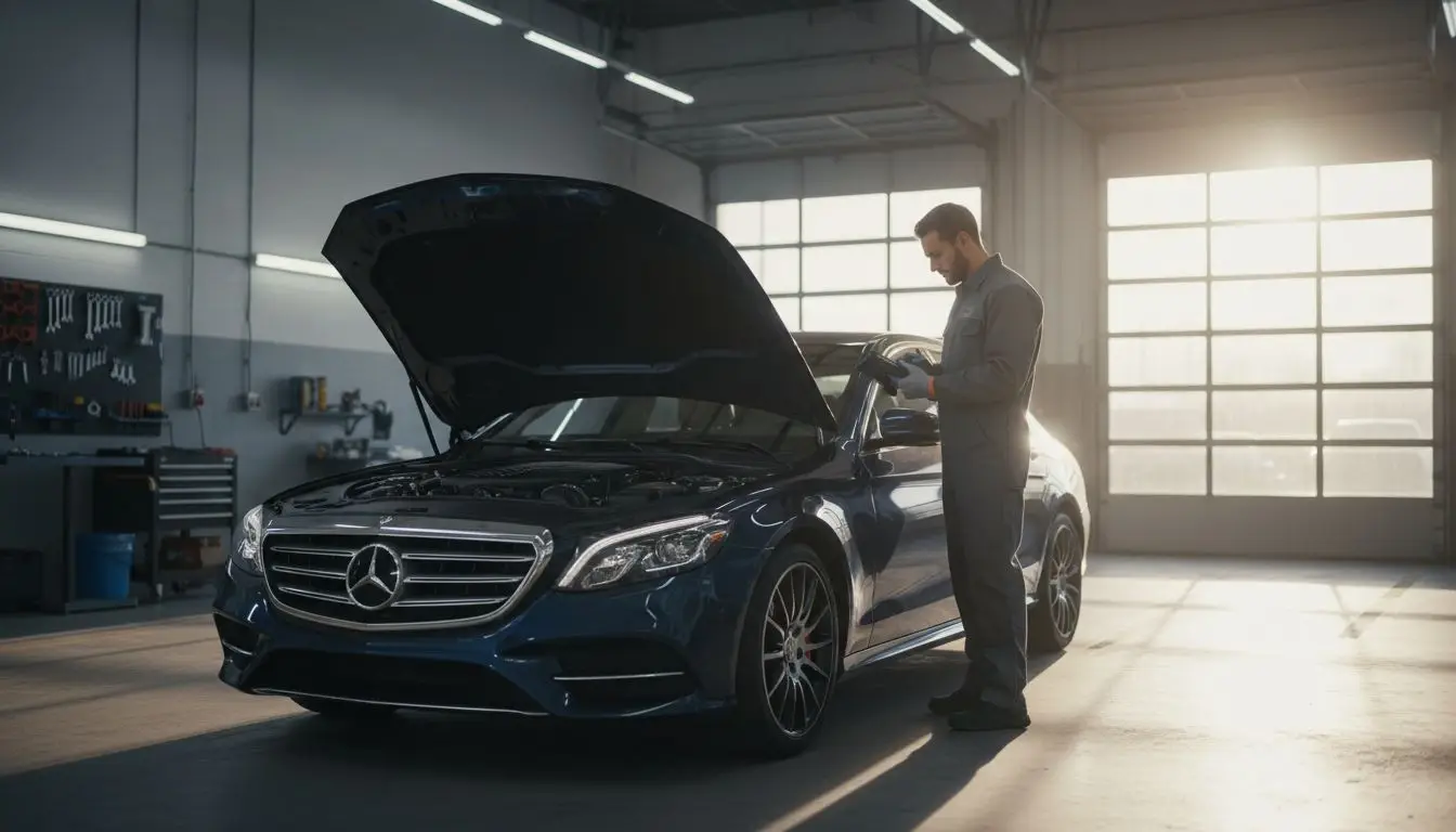 Technician inspects engine bay