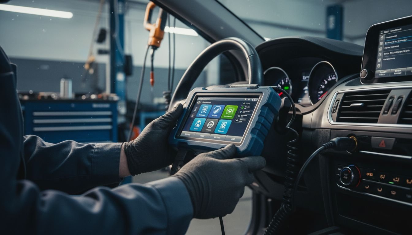 Technician using car scanner