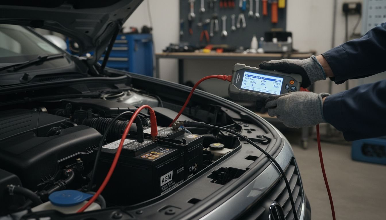 Technician testing car battery