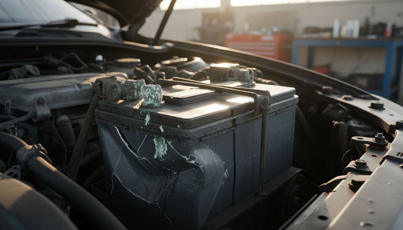 Damaged car battery close-up