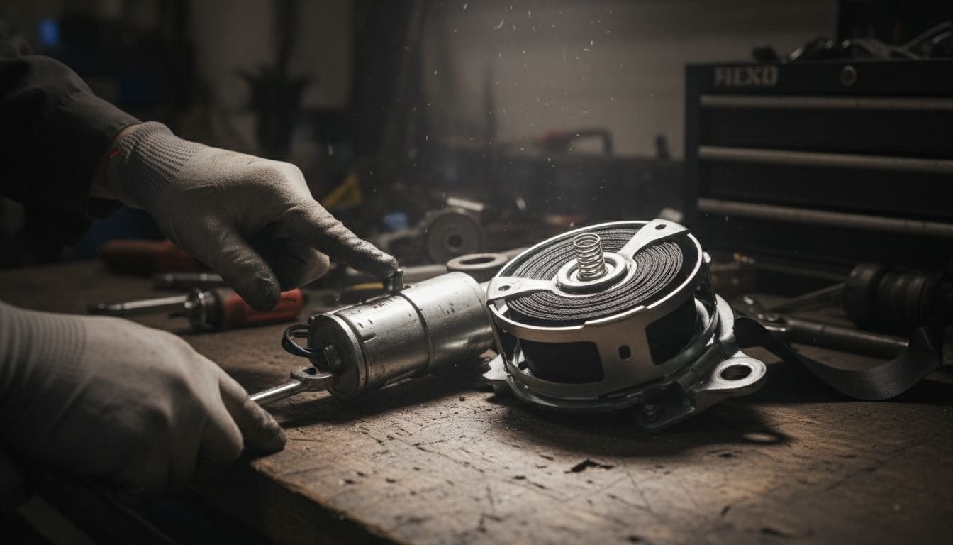 Technician inspects seat belt