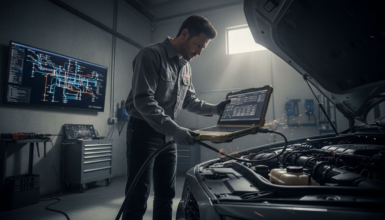 Technician diagnosing car system