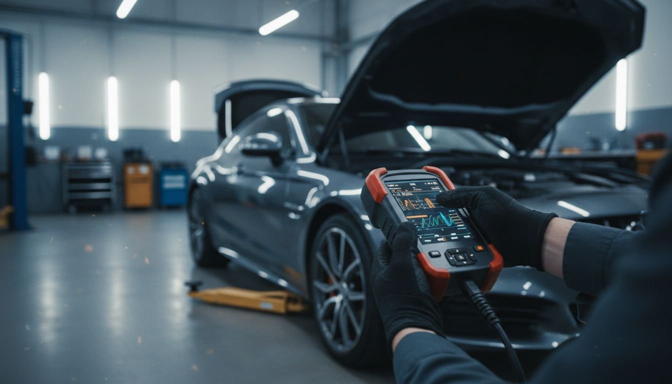 Technician scanning vehicle