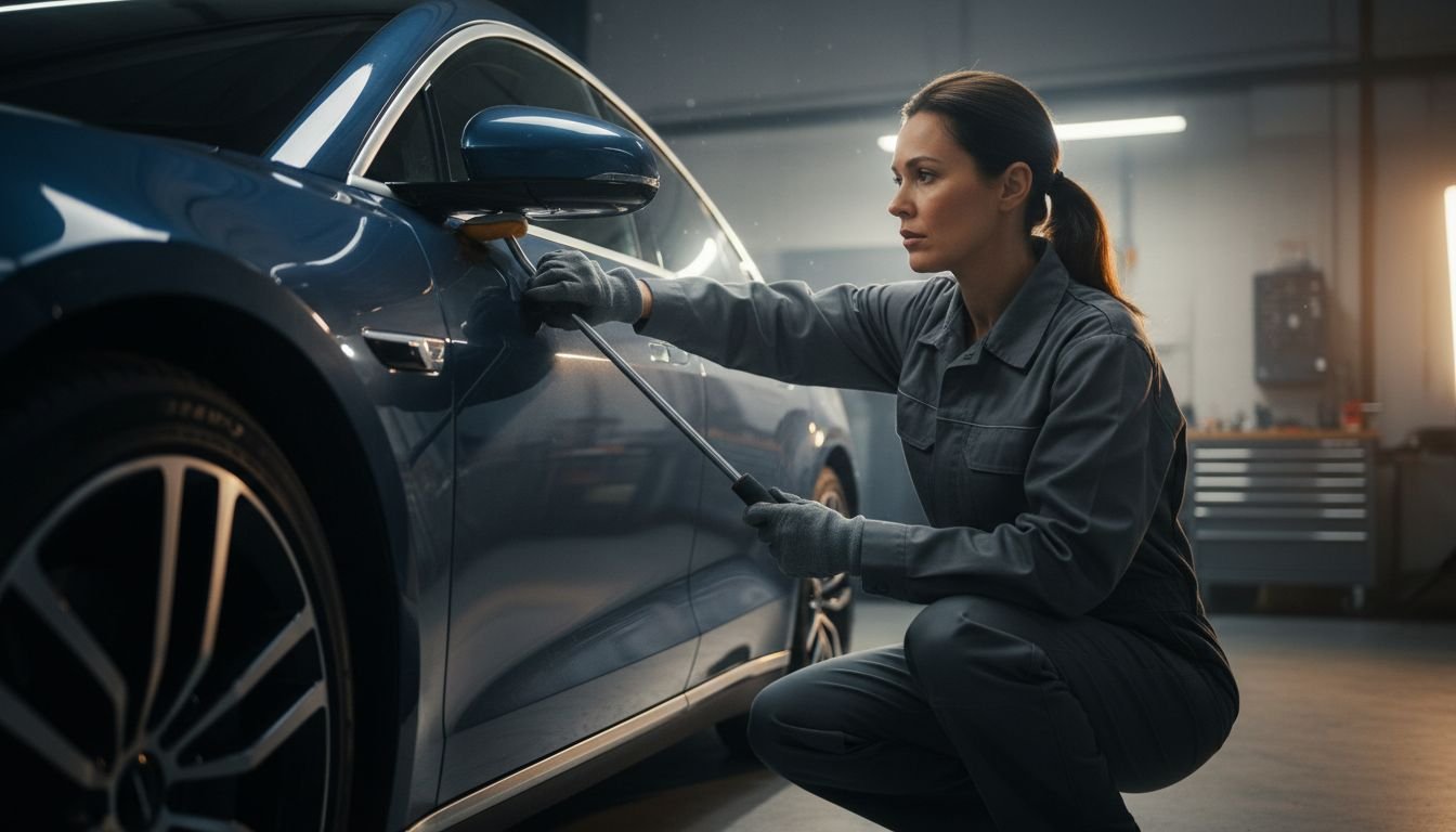 Technician unlocking sedan
