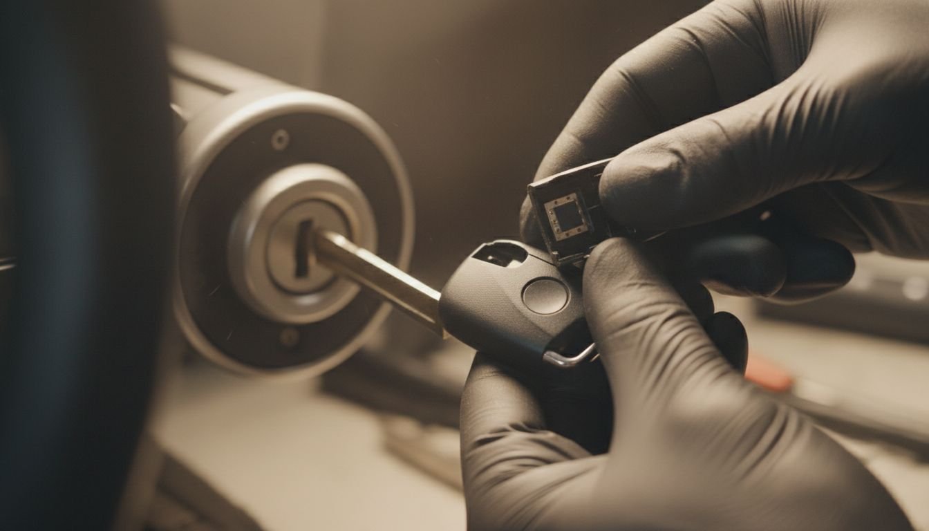 Technician examining car key