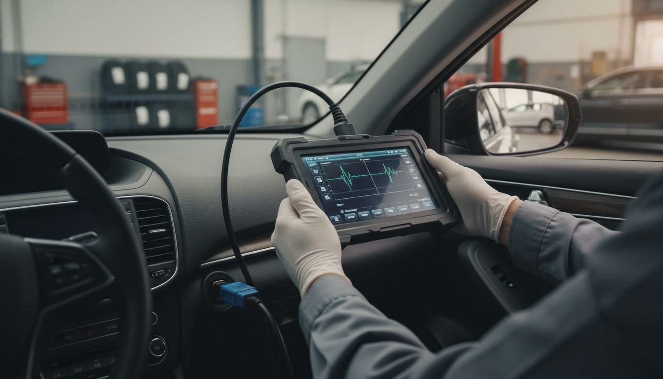 Technician scanning vehicle