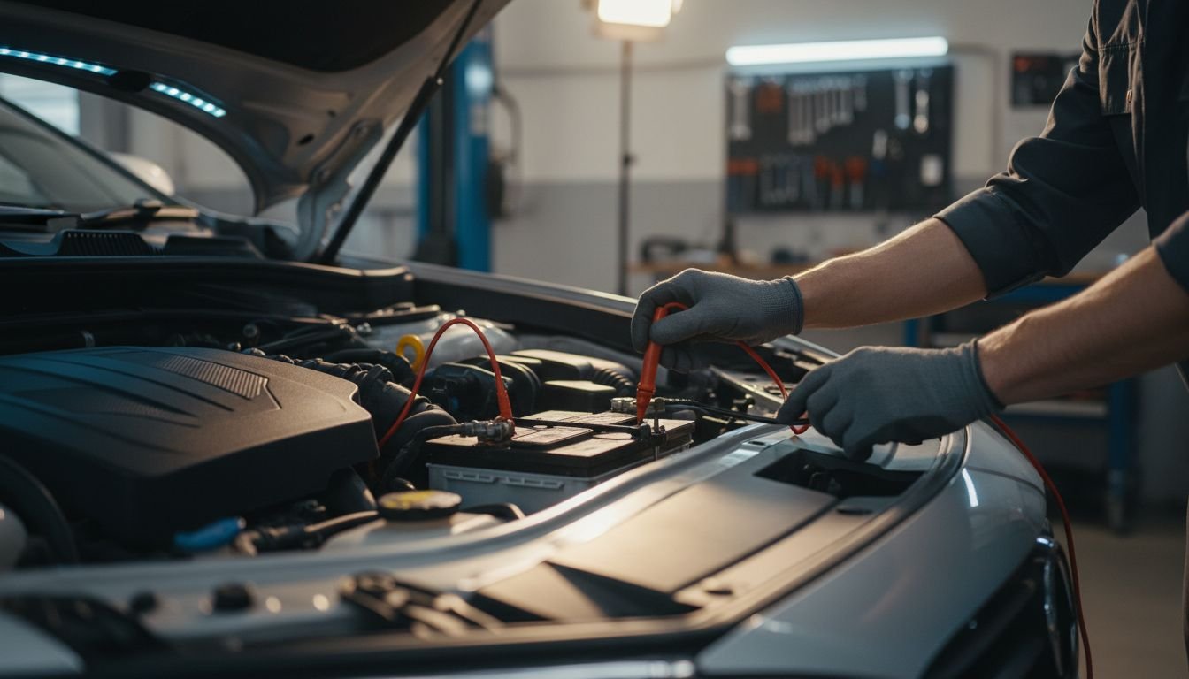 Technician testing car battery
