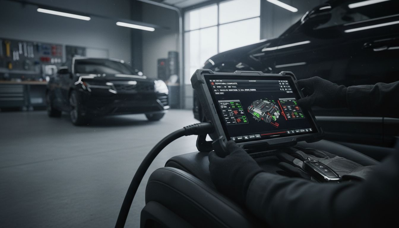 Technician diagnosing luxury SUV