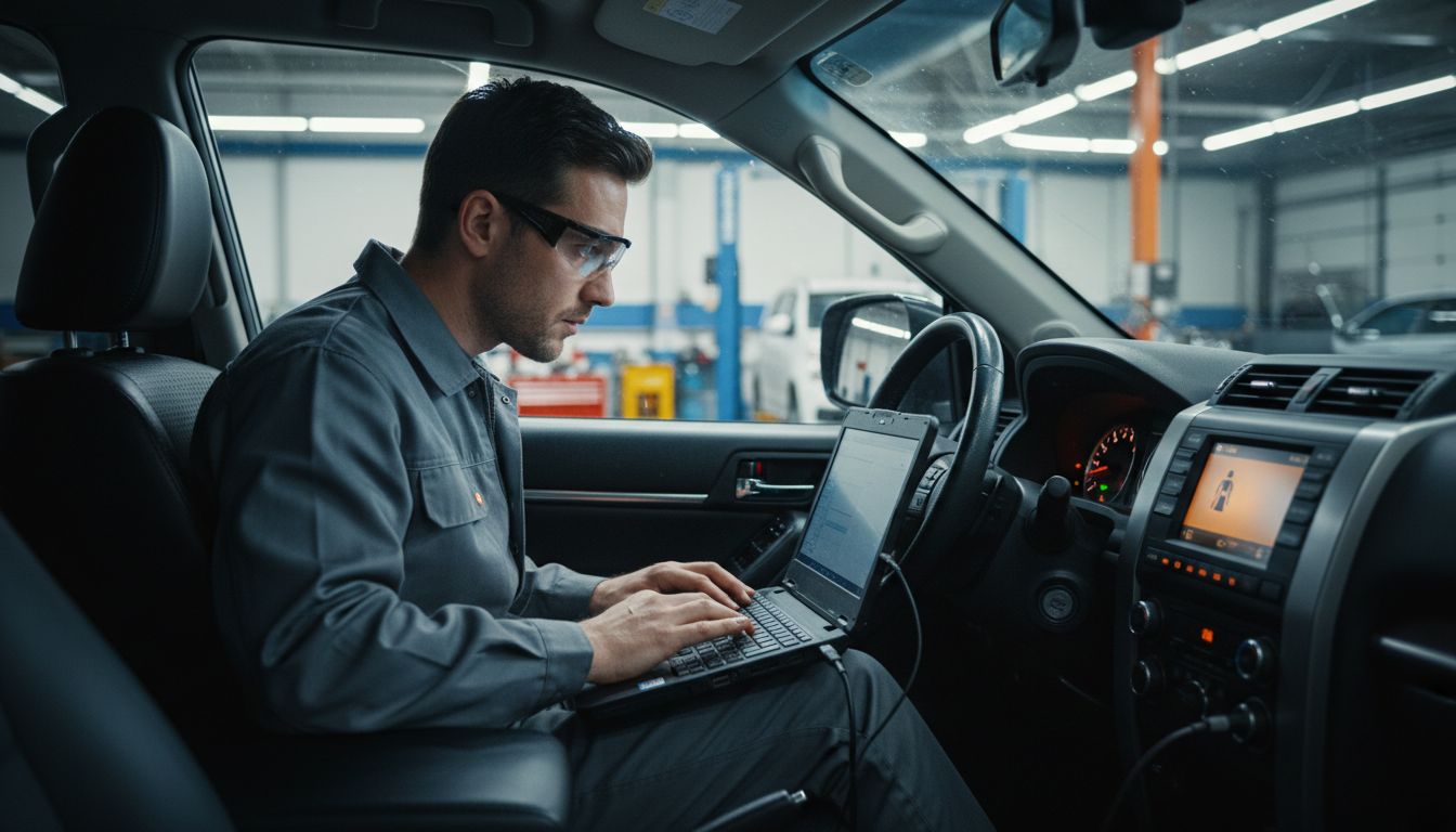 Technician diagnosing SUV