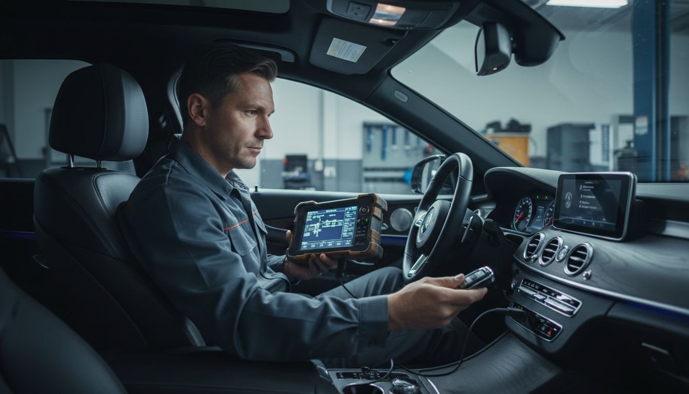 Technician diagnosing car