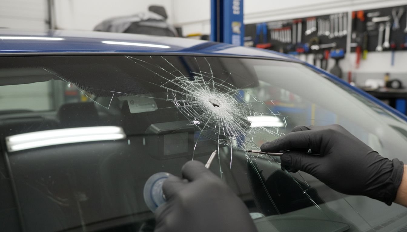 Technician inspects cracked windshield