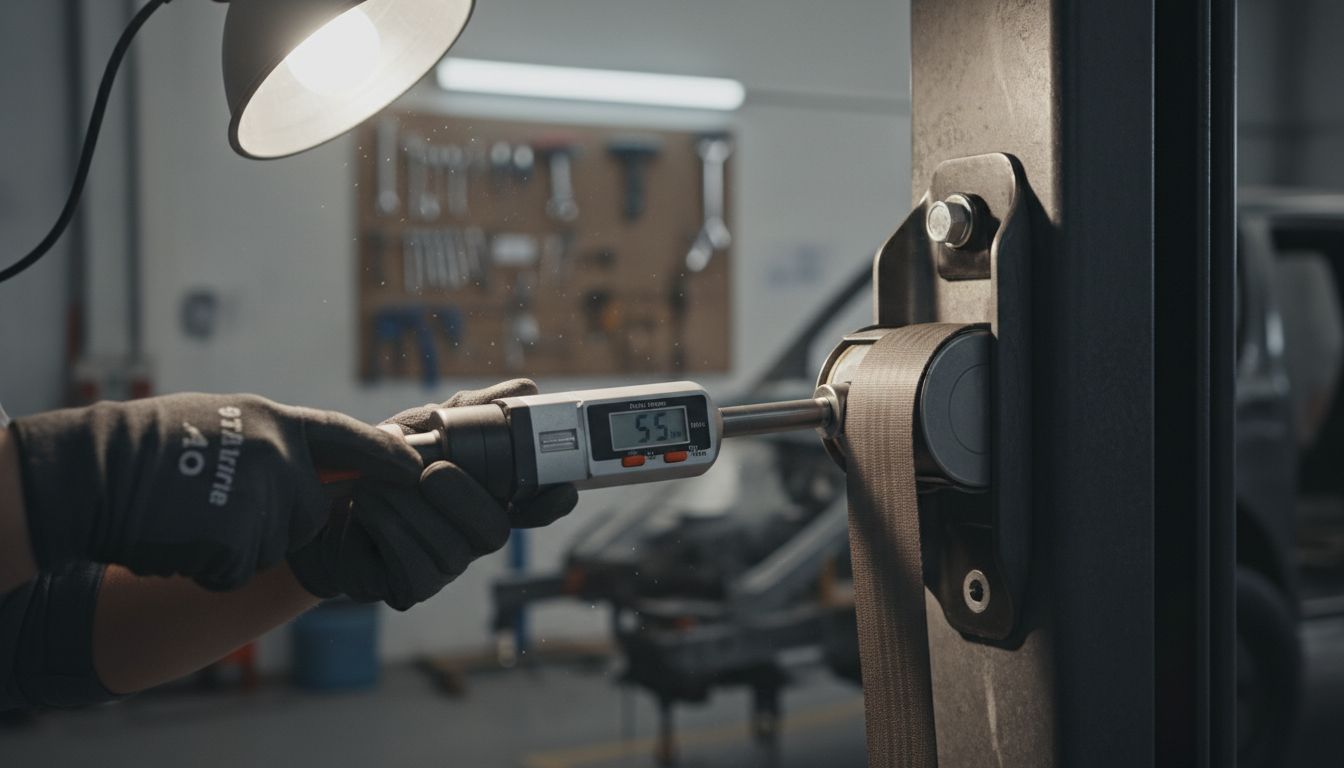 Technician inspects seat belt