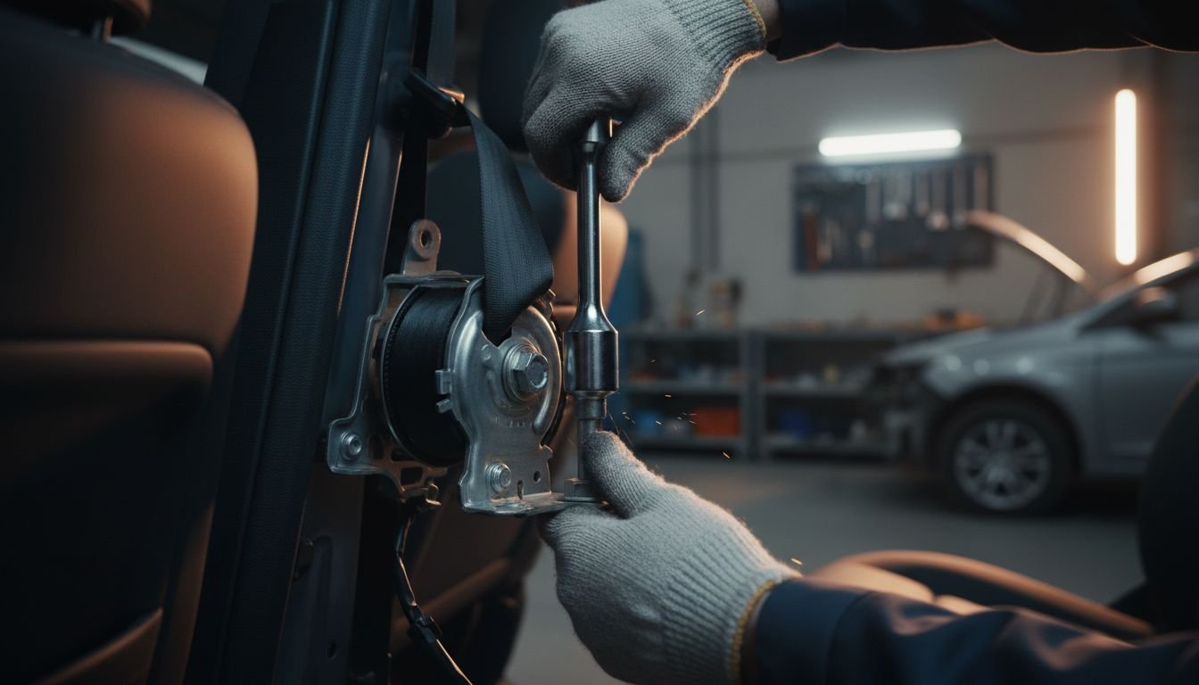 Technician fixing seat belt
