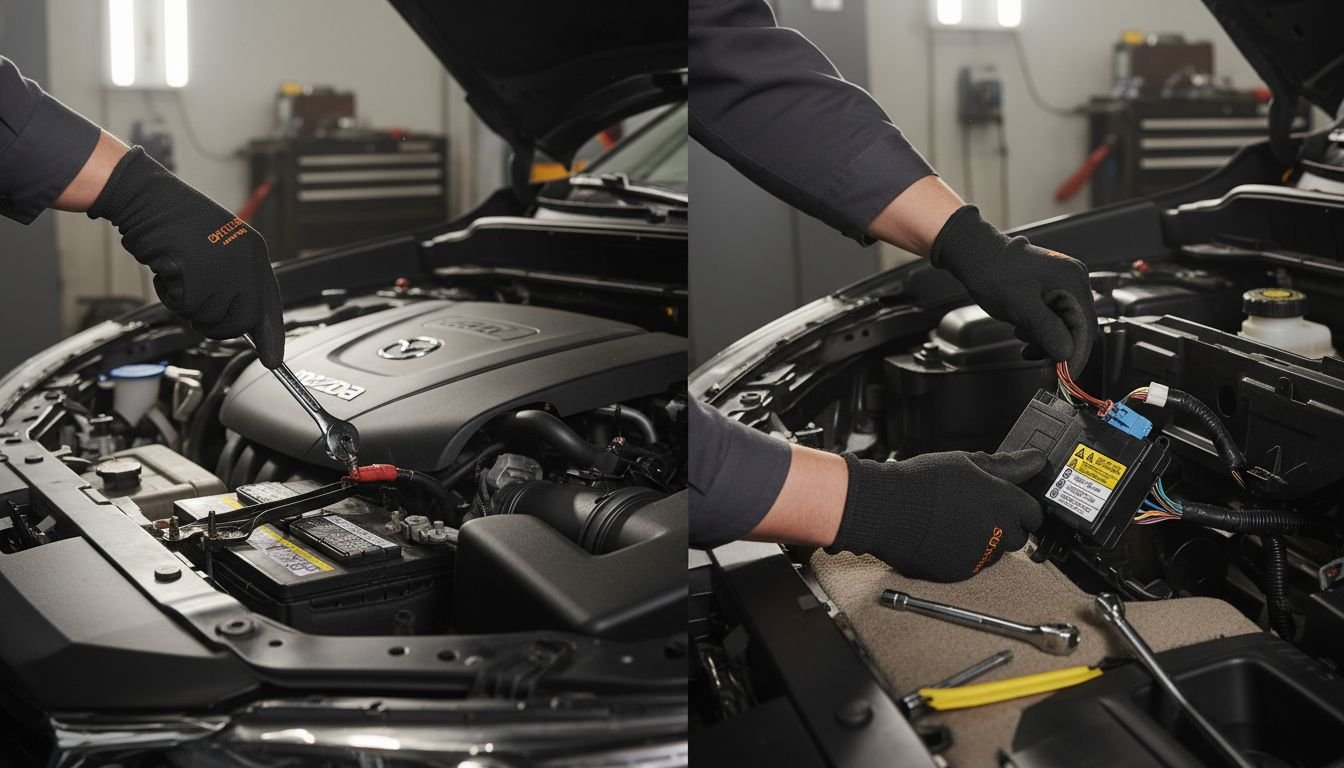 Technician repairing car interior