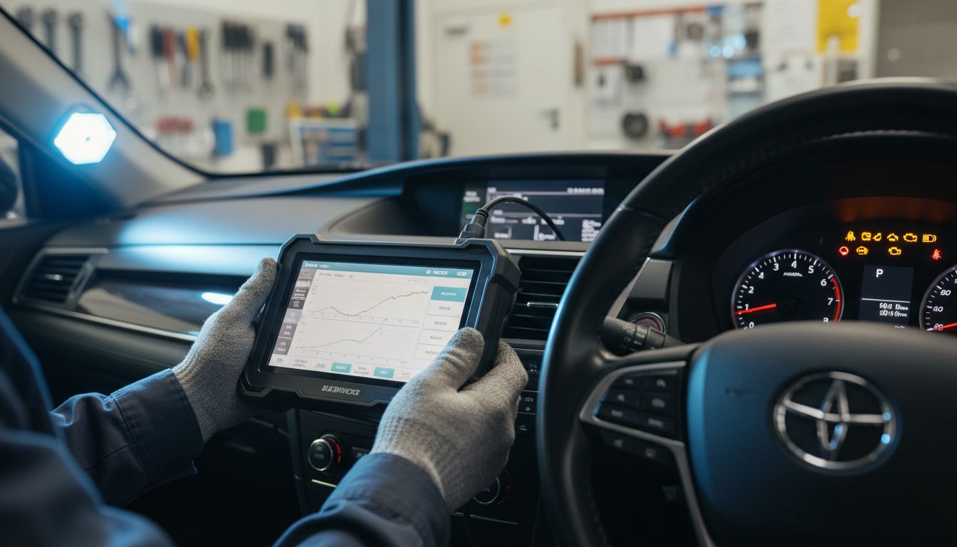 Technician scanning vehicle