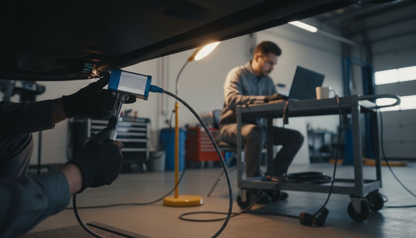 Technicians connecting diagnostic tools