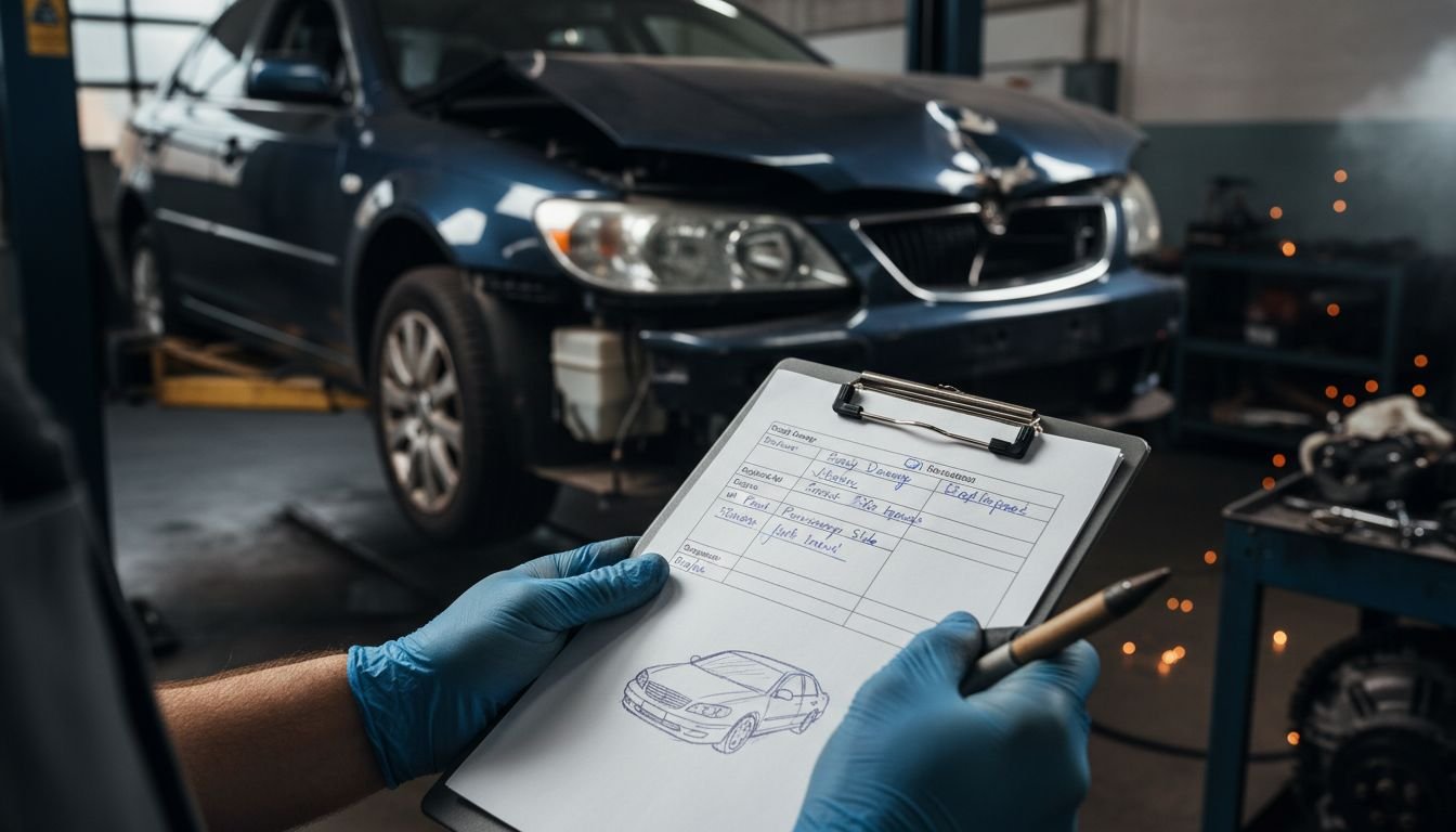 Mechanic inspecting damaged sedan