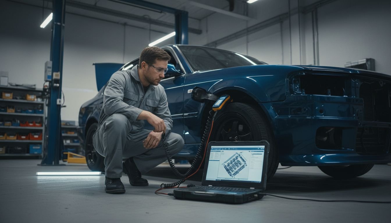 Technician diagnosing sedan
