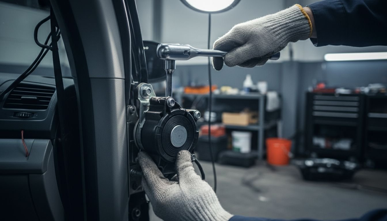 Technician removing seatbelt retractor