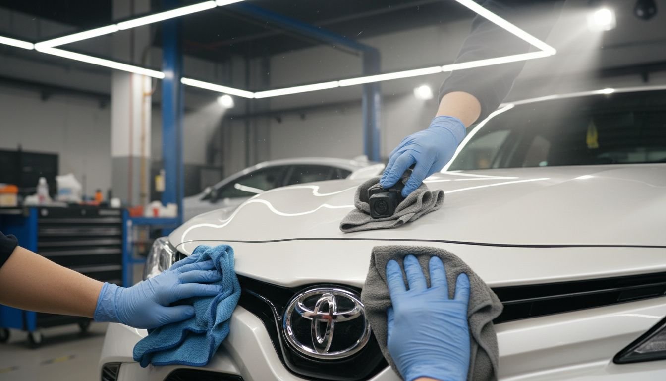 Technician cleans Toyota emblem