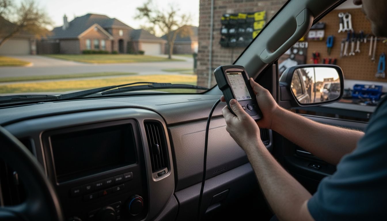 Technician scanning truck dashboard