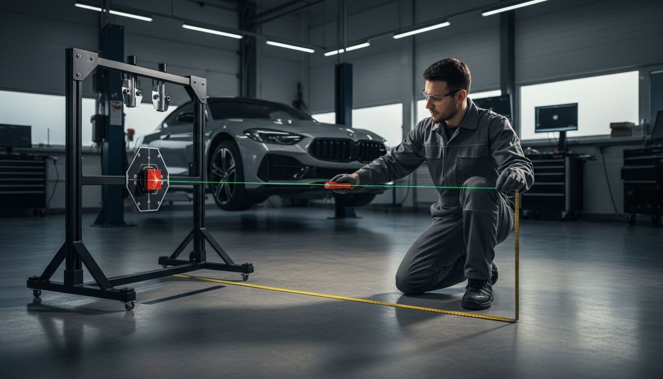Technician calibrates ADAS target
