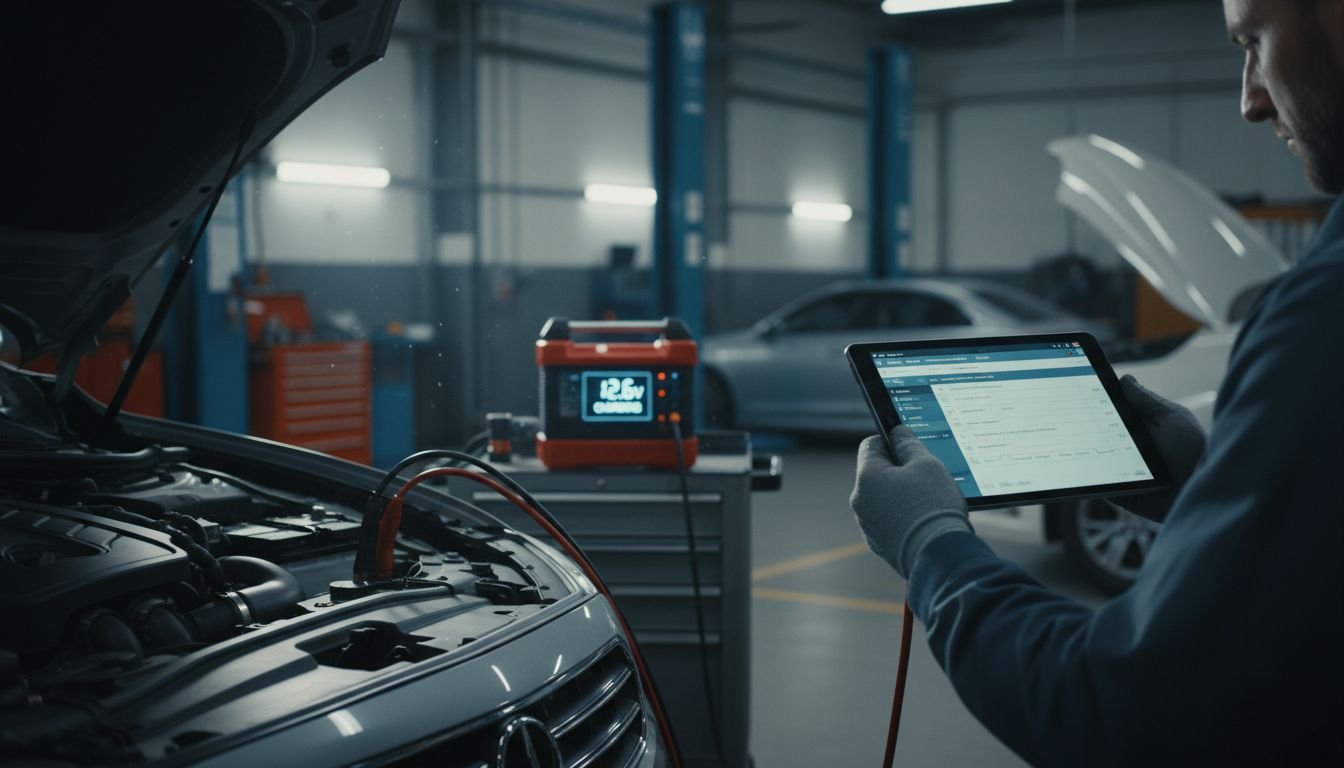 Technician diagnosing car