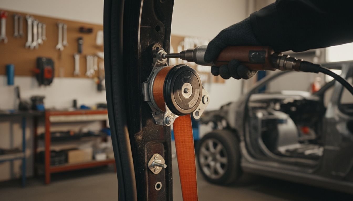 Technician unbolting seatbelt